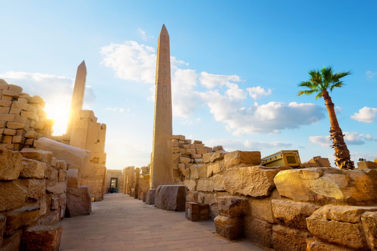 Luxor Karnak temple. The pylon with blue sky