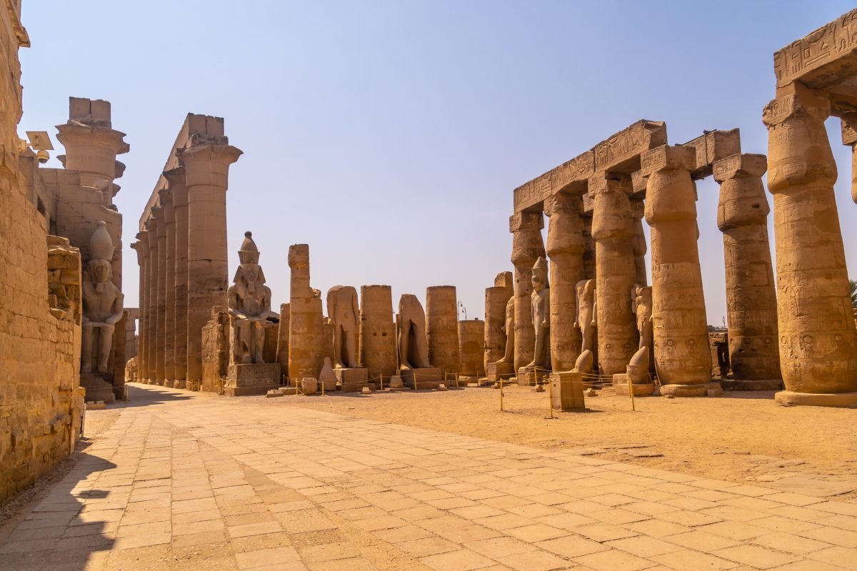 The sculptures of pharaohs and ancient Egyptian drawings on the columns of the Luxor Temple. Egypt