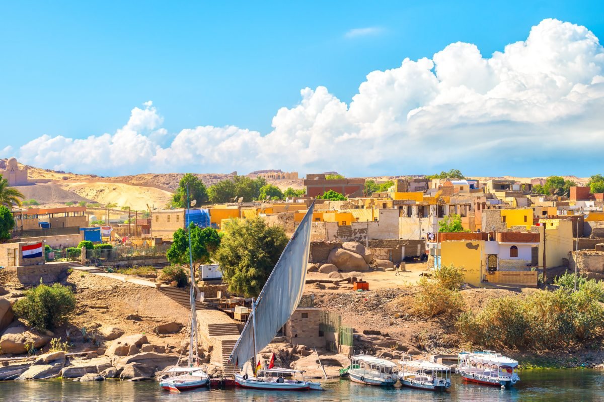 Staircase to moored boats on river Nile in Aswan, Egypt