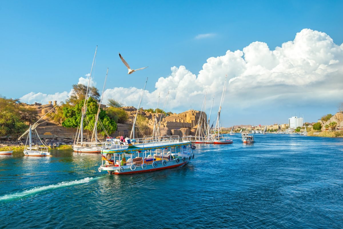 Touristic boats on Nile river in Aswan, Egypt
